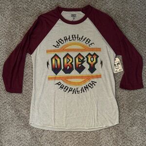 Obey Propaganda henley Size Medium Burgundy Cream AC/DC Style logo